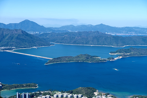 Panorama of Plover Cove reservoir at Tolo Harbour, New Territories, Hong Kong.