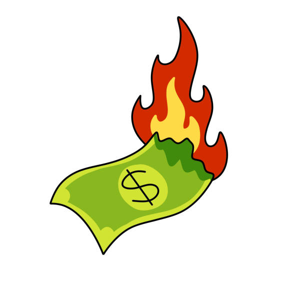 płonący dolar. zielone pieniądze w ogniu. nieudany kryzys biznesowy i gospodarczy. strata i inflacja. ilustracja rysunkowa - nieudany stock illustrations