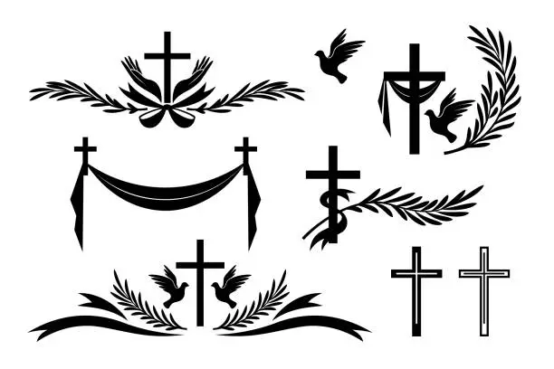 Vector illustration of Funeral ornamental decorations. Vector memorial design elements. Borders and dividers with cross, dove, ribbons and palm leaves.