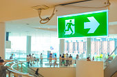 Focus at green electric emergency exit sign on ceiling with blurred background of many people inside of shopping mall