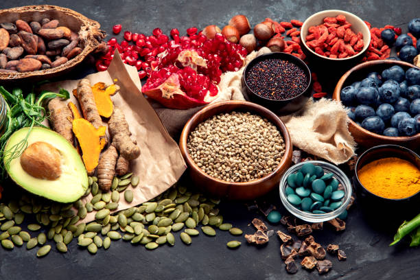 istock Healthy food clean eating selection on dark background. 1395658685