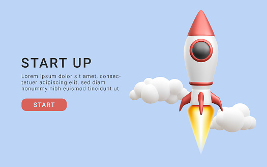 Concept for the start-up page. 3d rocket flying into space. Vector illustration.