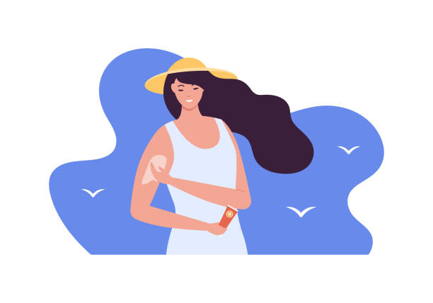 ilustraciones, imágenes clip art, dibujos animados e iconos de stock de concepto de cuidado de la piel y protección solar de verano. vector plano ilustración de personas. mujer aplicar crema solar sobre fondo de cielo. diseño para la industria de la belleza, el turismo y la salud - body care body the human body female