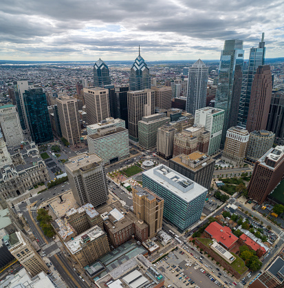 Philadelphia Skyline with Downtown Skyscrapers and Cityscape. Pennsylvania, USA. Reflection on Skyscrapers. Drone view of point.