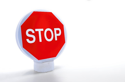 Forbidden traffic sign, stop on white background with shadows, road safety concept