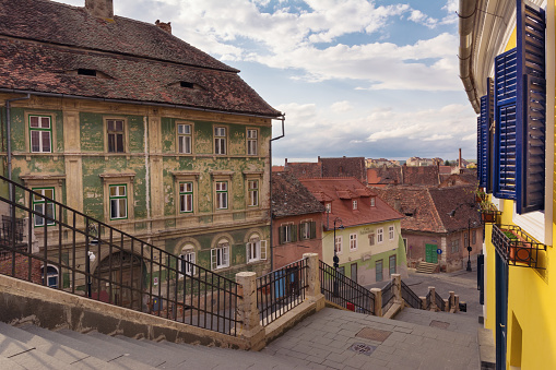 Cityscape with beautiful old buildings in historical center of Sibiu town Transylvania, Romania, Europe