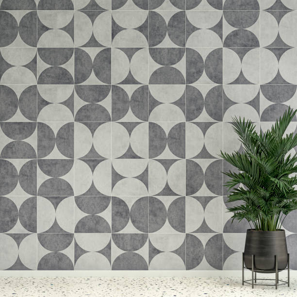 istock Empty unfurnished interior with geometric shape tiled wall background and potted plant (palm tree) retro 80's style 1395668139