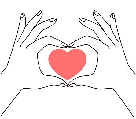 Heart in center of folded hands in shape of heart. Concept of social assistance, charity, volunteering, equality and mutual respect, love and peace. Colored flat vector illustration.
