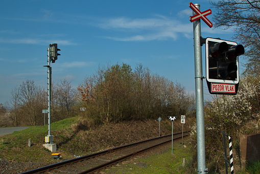 Railway crossing at Nyrsko, Klatovy district, West Bohemia, Czech Republic, Europe. \