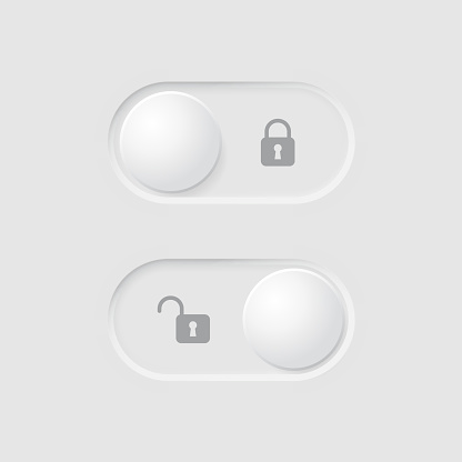 Button with lock and unlock mode. Neomorphism element design for user interface. Vector illustration.