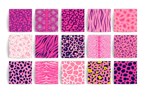 dzikie zwierzęta safari bezszwowy wzór różowej kolekcji. lampart wektorowy, gepard, tygrys, żyrafa, zebra, zestaw tekstur skóry węża do projektowania nadruków modowych, tkanina, tekstylia, tło, tapeta - giraffe pattern africa animal stock illustrations