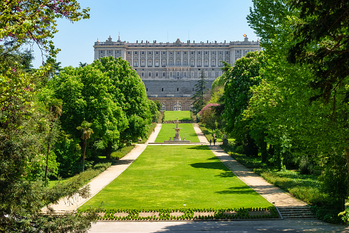 Madrid, Spain, May 5, 2021: Esplanade of the Gardens of Campo del Moro in the Royal Palace of Madrid, Spain
