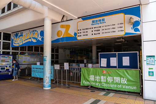 Hong Kong - May 5, 2022 : Kowloon Park Swimming Pool temporarily closed due to COVID-19 in Hong Kong.