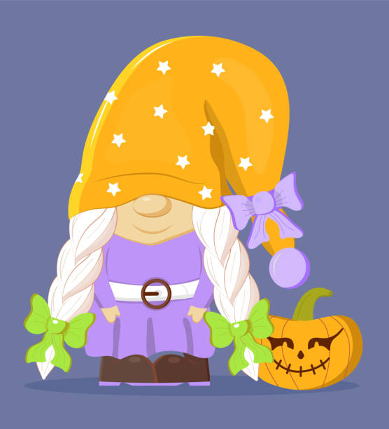 halloween-gnom-vektor. lustige mädchenzwergillustration. hallowen-troll mit kürbis - gnome troll wizard dwarf stock-grafiken, -clipart, -cartoons und -symbole