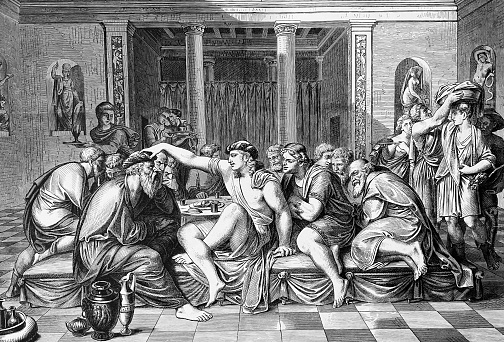 The Banquet is a text by Plato, written around 380 BC. It consists mainly of a long series of discourses on the nature and qualities of love. Illustration from 19th century.