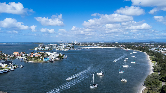 Drone view of the suburb of Paradise Point on the Gold Coast, Queensland, Australia