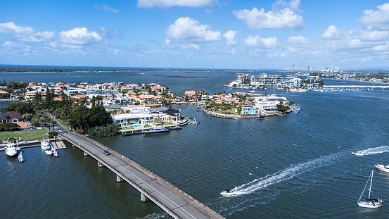 Drone view of the wealthy suburb of Sovereign Islands at Paradise Point on the Gold Coast, Queensland, Australia