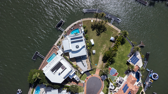 Drone view of the wealthy suburb of Sovereign Islands at Paradise Point on the Gold Coast, Queensland, Australia