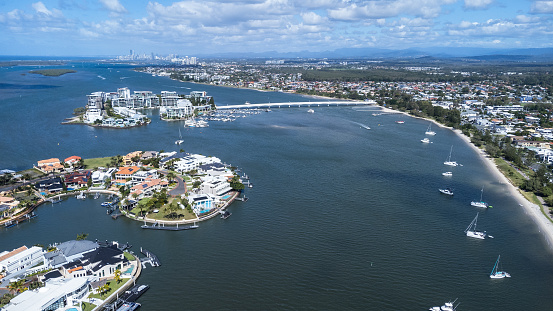 Drone view of the wealthy suburb of Sovereign Islands at Paradise Point on the Gold Coast, Queensland, Australia