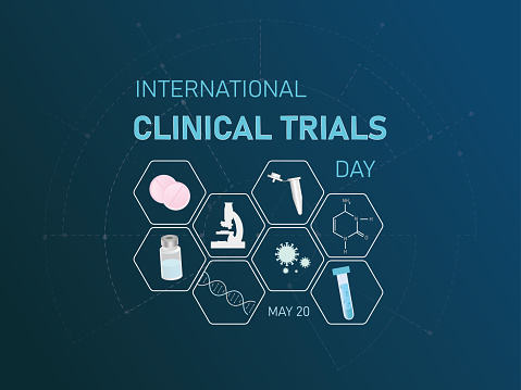 International Clinical Trials Day.vector illustration with icons of medication,assays,microscope,molecules,test,dna,virus on white on blue background.