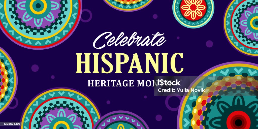 Hispanic heritage month. Vector web banner, poster, card for social media, networks. Greeting Hispanic heritage month text, Huichol pattern, perforated paper on black background. Hispanic heritage month. Vector web banner, poster, card for social media, networks. Greeting Hispanic heritage month text, Huichol pattern, perforated paper on black background National Hispanic Heritage Month stock vector