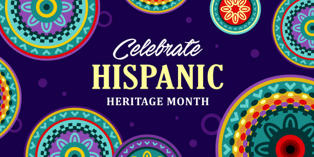 hispanic heritage month. vector web banner, poster, card for social media, networks. greeting hispanic heritage month text, huichol pattern, perforated paper on black background. - hispanic heritage month 幅插畫檔、美工圖案、卡通及圖標