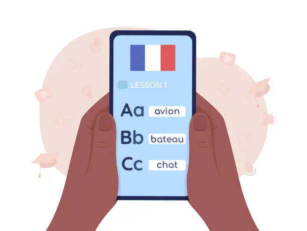 Vector illustration of Studying French with smartphone 2D vector isolated illustration