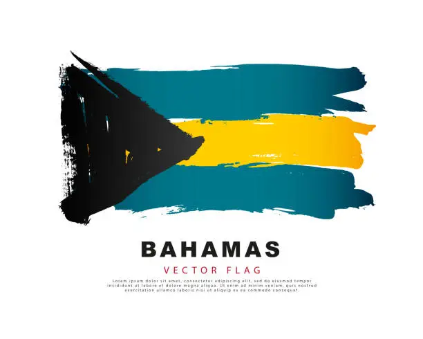 Vector illustration of Flag of the Bahamas. Black, blue-green and yellow hand-drawn brush strokes. Vector illustration isolated on white background.