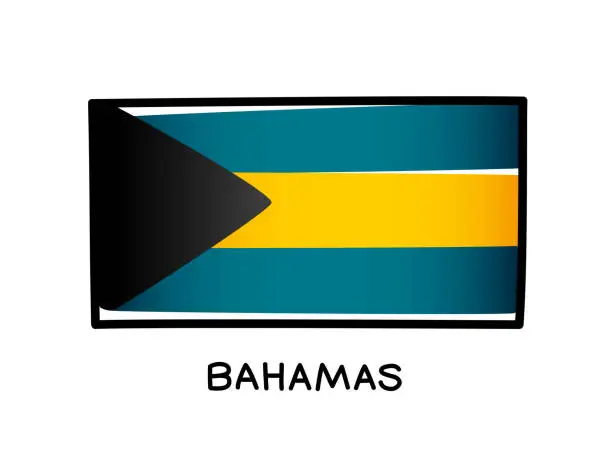 Vector illustration of Flag of the Bahamas. Colorful logo of the Bahamas flag. Black, blue-green and yellow hand-drawn brush strokes. Black outline. Vector illustration