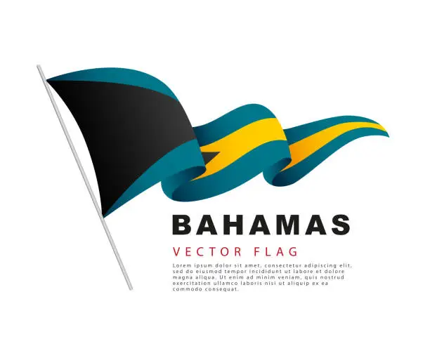 Vector illustration of The flag of the Bahamas hangs on a flagpole and flutters in the wind. Vector illustration isolated on white background.