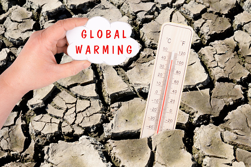 Dry earth with a thermometer, global warming and climate change concept, environmental discussion, extreme weather