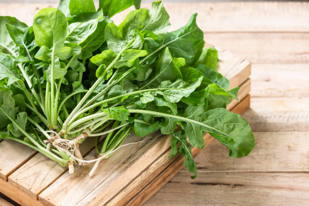 istock Fresh Arugula leaf on wood background. 1395680835