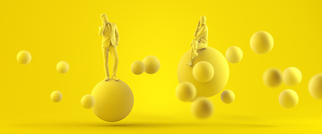 Business communication concept. 3D render. People speaking over mobile phones while sitting on spheres. 3D render
