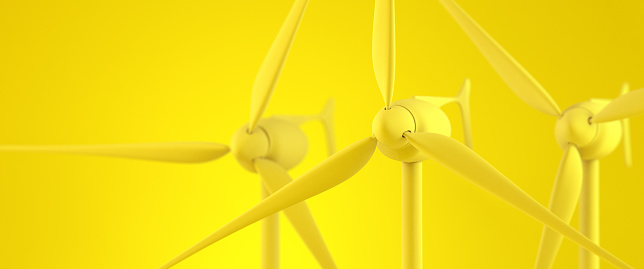 Green Energy background. Wind turbines yellow toned. 3D render