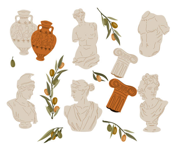 Antique Greek and Roman statues and amphora vases with olive branches, flat vector. Antique marble Greek and Roman statues and amphora vases with olive branches, flat vector isolated on white background. Ancient Greek or Roman culture elements for brand identity and olive oil packs. sculpture stock illustrations