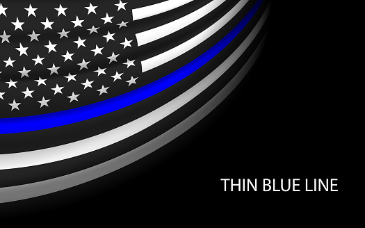 Waving flag of United States with Thin blue line on dark background. Banner or ribbon vector template