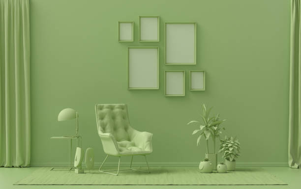 istock Wall mockup with six frames in solid flat pastel light green color, monochrome interior 1395683244