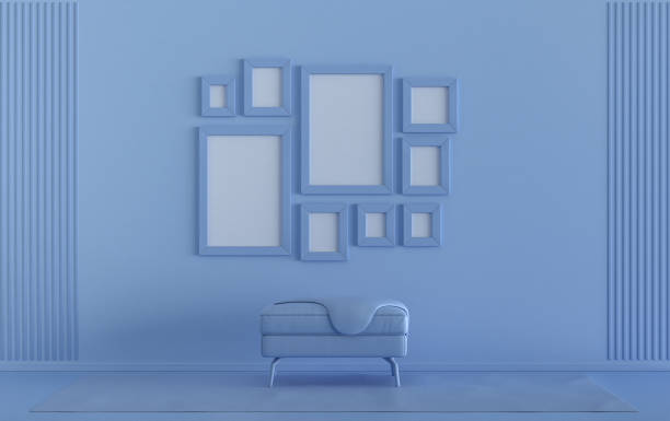 istock flat light blue color room with ottoman puff, gallery wall template with 9 frames 1395683280