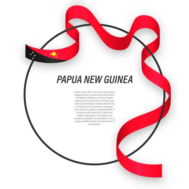 Vector illustration of Waving ribbon flag of Papua New Guinea on circle frame. Template for independence day poster