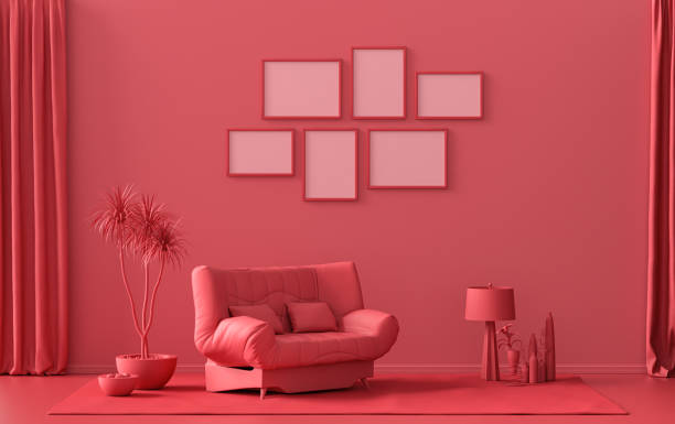 istock Poster frame background room in flat dark red with 6 frames, poster frame mock-up 1395683385