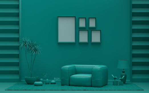 Flat color interior room for poster showcase with 5 frames, monochrome dark green color gallery wall