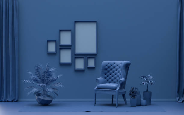 istock Wall mockup with six frames in solid flat pastel dark blue color, monochrome interior  and plants 1395683493