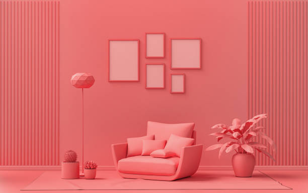 istock Flat color interior room for poster showcase with 5 frames, monochrome light pink gallery wall 1395683584