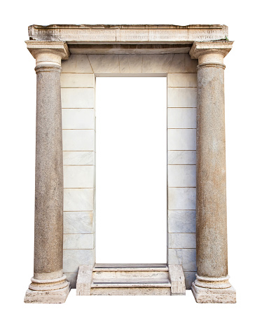 Ancient doorway entrance with columns isolated over white background