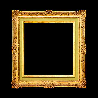 Antique gold wooden frame isolated on black background, empty picture frame for your design