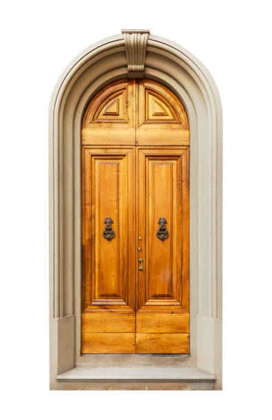 Entrance door isolated on white background, architectural design element