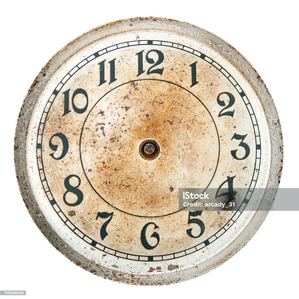 Old rusty clock face, close-up photo of dial plate Old rusty clock face, close-up photo of dial plate isolated on white background Archival Stock Photo