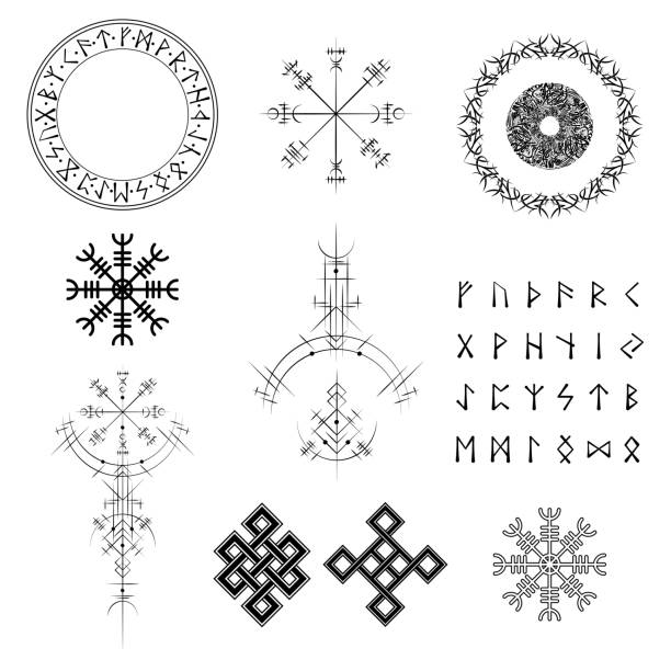 Scandinavian viking symbols set Black Scandinavian viking symbols set isolated on white background. Norse Europe culture design elements. Ancient people letters and rune symbols. Abstract tattoo sample patterns or clothes designs runes stock illustrations