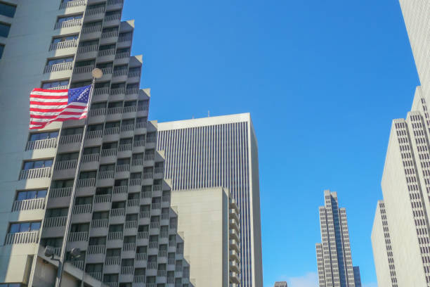 San Francisco, United States. August, 15, 2007. San Francisco Financial District. Business area buildings and a United States flag