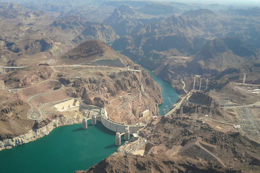 Grand Canyon, Arizona, United States. August, 23, 2007. Aerial view of the Hoover Dam and the Colorado river. Helicopter tour in the Grand Canyon